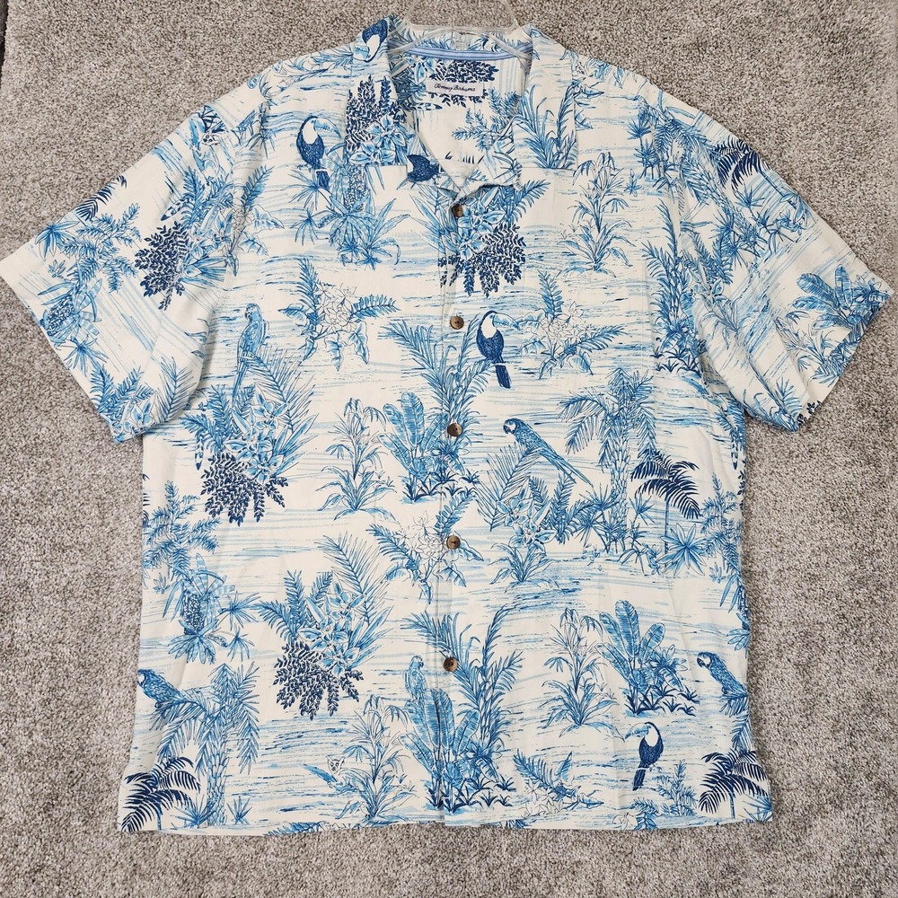 Tommy Bahama Shirt Mens XL White Blue Tropical Bird Silk Hawaiian Camp Button Up